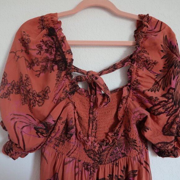Anthropologie Puff-Sleeve Smocked Dress Midi Floral Orange Size Small - Picture 12 of 12